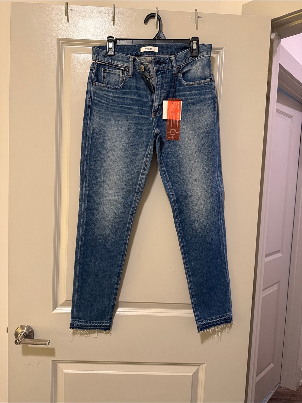 Moussy Blue Straight Leg Jeans with Frayed Hem